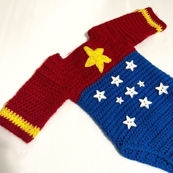 Baby Crochet Knitted Wonder Woman Sweater Onesie Costume Size 3 to 6 months - Picture 2 of 12